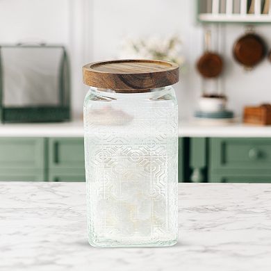 33.82oz Durable Window Paper Pattern Decorative Glass Jar with Lid Clear Wood Color 1 Pc