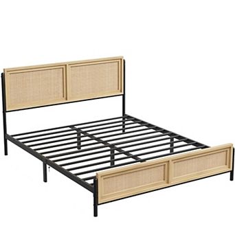 Boho Full/Queen/King Size Platform Bed Frame,Rattan Headboard & Footboard,Wooden Mattress Foundation