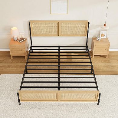 Boho Full/Queen/King Size Platform Bed Frame,Rattan Headboard & Footboard,Wooden Mattress Foundation