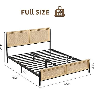 Boho Full/Queen/King Size Platform Bed Frame,Rattan Headboard & Footboard,Wooden Mattress Foundation