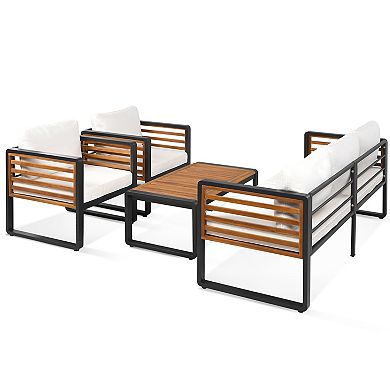 Whisen 4-Piece Outdoor Conversation Set, Metal And Wood Frame Outdoor Sofa Set