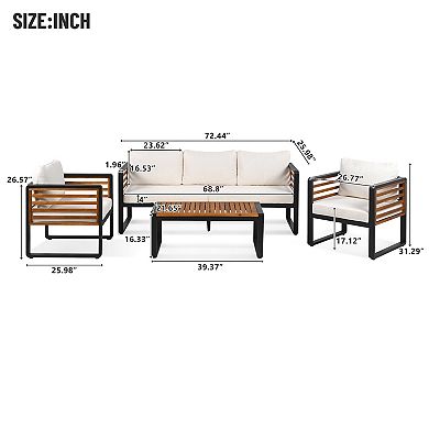 Whisen 4-Piece Outdoor Conversation Set, Metal And Wood Frame Outdoor Sofa Set