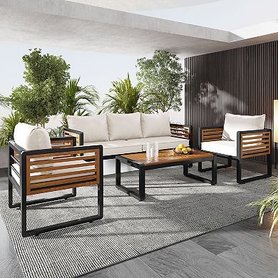 Whisen 4-Piece Outdoor Conversation Set, Metal And Wood Frame Outdoor Sofa Set