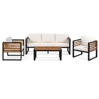 Whisen 4 pc Outdoor Conversation Set, Metal And Wood Frame Outdoor Sofa Set