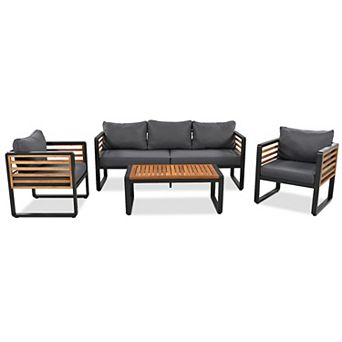 Whisen 4 pc Outdoor Conversation Set, Metal And Wood Frame Outdoor Sofa Set