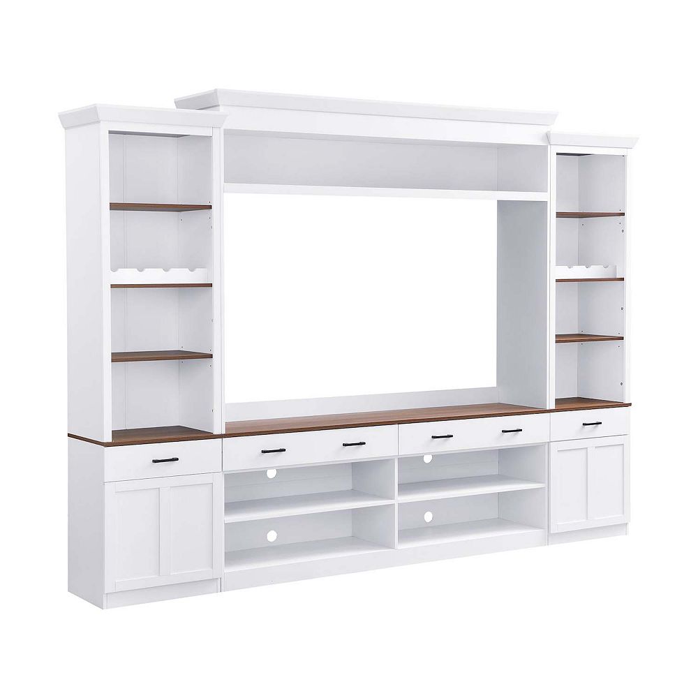 Farmhouse 4-Piece Entertainment Center TV Stand with Bookshelf and Wine ...