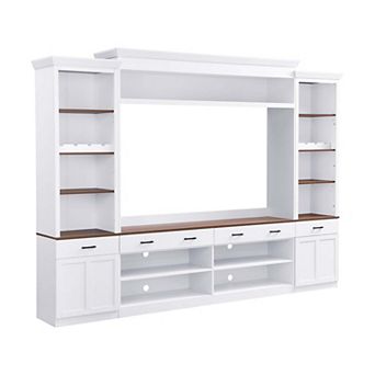 Farmhouse 4 pc Entertainment Center TV Stand with Bookshelf and Wine Rack for Living Room
