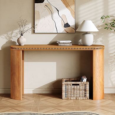 Whisen Vintage Console Table with Beaded Trim, Reversible Curved Legs and Wood Veneer Finish