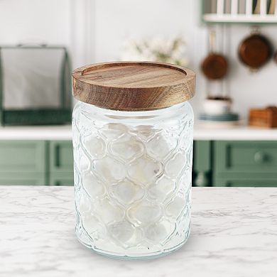 23.67oz Lantern Pattern Decorative Glass Jar with Lid Clear Wood Color 1 Pc