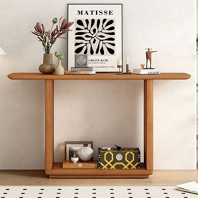 Whisen Minimalist Console Table with Curved Corners, Natural Wood Veneer, U-Base Design