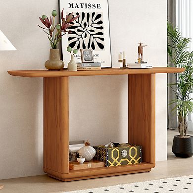 Whisen Minimalist Console Table with Curved Corners, Natural Wood Veneer, U-Base Design