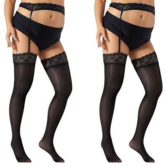 2 pc Women's Sheer Thigh High Stockings with Soft Stretch Fit and Decorative Lace Top Detail