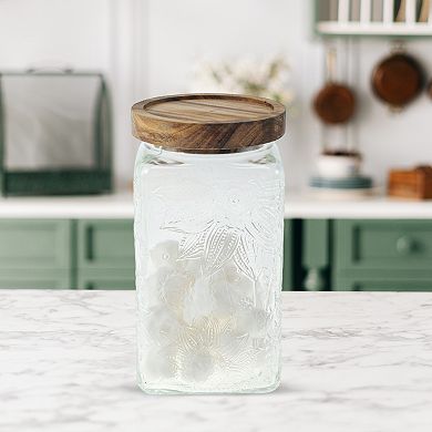 33.82oz Durable Sunflower Pattern Decorative Glass Jar with Lid Clear Wood Color 1 Pc