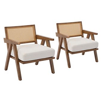 Modern Accent Chair, Comfy Living Room Chair with Wood Legs, Rattan Backrest & Thick Linen Cushion