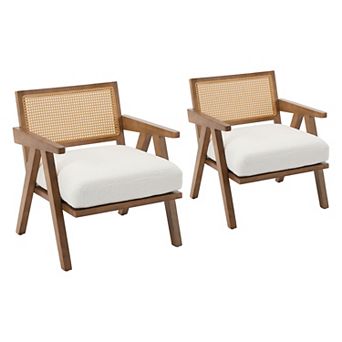Modern Accent Chair, Comfy Living Room Chair with Wood Legs, Rattan Backrest & Thick Linen Cushion