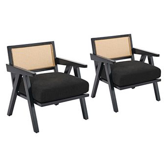 Modern Accent Chair, Comfy Living Room Chair with Wood Legs, Rattan Backrest & Thick Linen Cushion