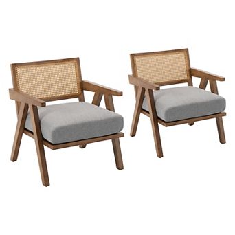 Modern Accent Chair, Comfy Living Room Chair with Wood Legs, Rattan Backrest & Thick Linen Cushion