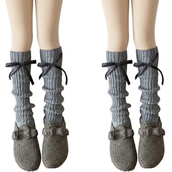 2 pc Women's Ribbed Knit Leg Warmers with Decorative Ribbon Bow Detail and Soft Stretch Fit