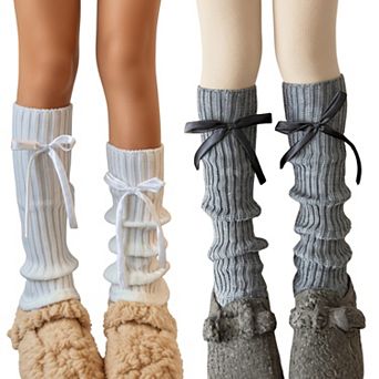 2 pc Women's Ribbed Knit Leg Warmers with Decorative Ribbon Bow Detail and Soft Stretch Fit
