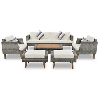 Whisen 6 pc Outdoor Conversation Set, PE Wicker Sofa Set With Double Cushions, Wood Legs
