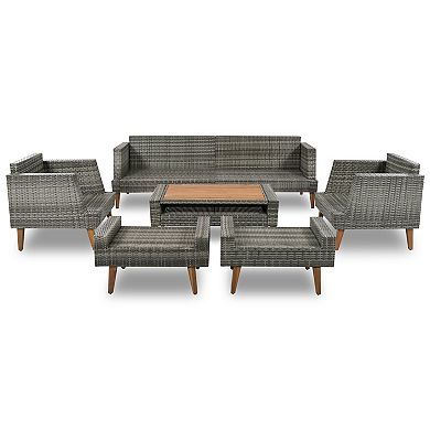 Whisen 6-Piece Outdoor Conversation Set, PE Wicker Sofa Set With Double Cushions, Wood Legs