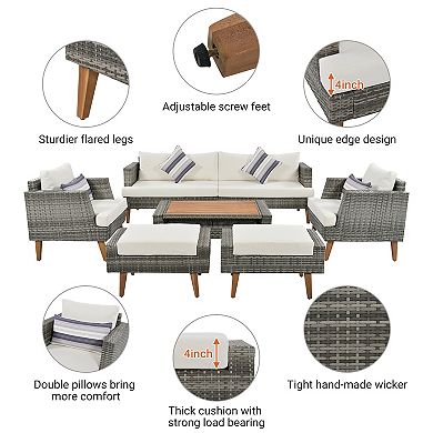 Whisen 6-Piece Outdoor Conversation Set, PE Wicker Sofa Set With Double Cushions, Wood Legs
