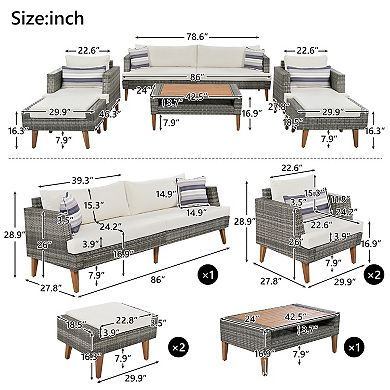 Whisen 6-Piece Outdoor Conversation Set, PE Wicker Sofa Set With Double Cushions, Wood Legs
