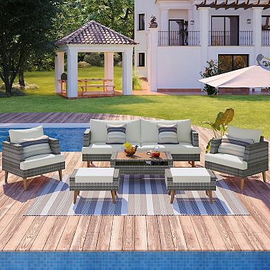 Whisen 6-Piece Outdoor Conversation Set, PE Wicker Sofa Set With Double Cushions, Wood Legs
