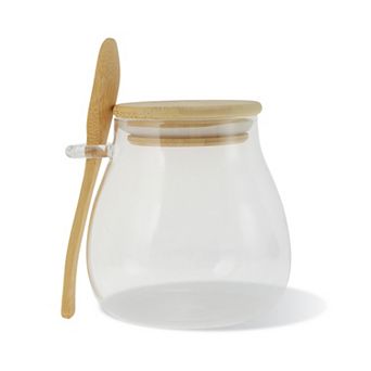 12.35oz Pot-Bellied Jar with Lid & Spoon Decorative Jars 4.02" Height Wood Color Clear 1 Set