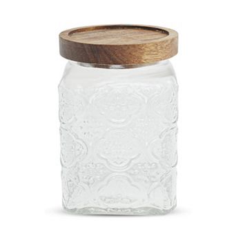 25.36oz Durable Flower Pattern Decorative Glass Jar with Lid Clear Wood Color 1 pc