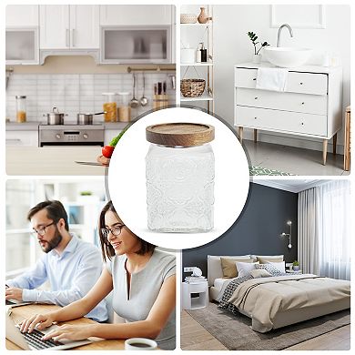 25.36oz Durable Flower Pattern Decorative Glass Jar with Lid Clear Wood Color 1 Pc