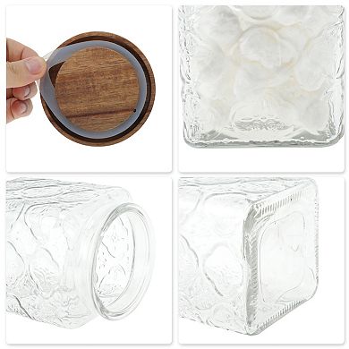 25.36oz Durable Flower Pattern Decorative Glass Jar with Lid Clear Wood Color 1 Pc