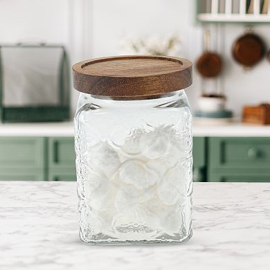 25.36oz Durable Flower Pattern Decorative Glass Jar with Lid Clear Wood Color 1 Pc