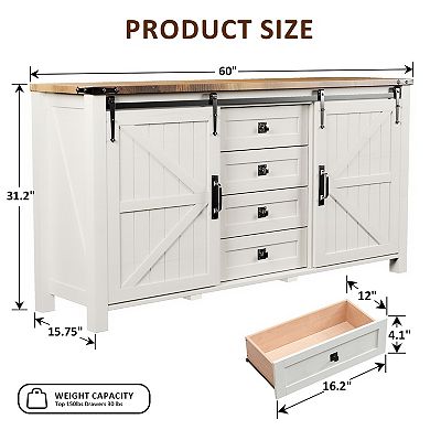 60" Farmhouse Sideboard Cabinet with Sliding Barn Doors, 4 Drawers & Adjustable Shelves