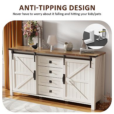 60" Farmhouse Sideboard Cabinet with Sliding Barn Doors, 4 Drawers & Adjustable Shelves