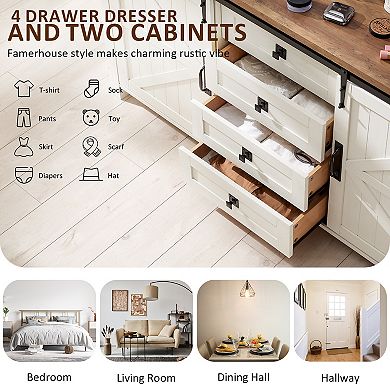 60" Farmhouse Sideboard Cabinet with Sliding Barn Doors, 4 Drawers & Adjustable Shelves