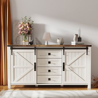 60" Farmhouse Sideboard Cabinet with Sliding Barn Doors, 4 Drawers & Adjustable Shelves