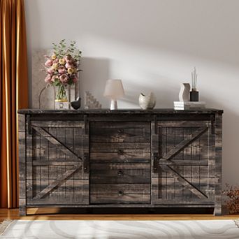60" Farmhouse Sideboard Cabinet with Sliding Barn Doors, 4 Drawers & Adjustable Shelves
