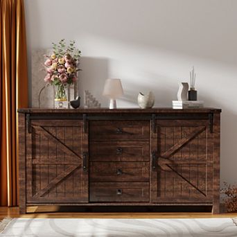 60" Farmhouse Sideboard Cabinet with Sliding Barn Doors, 4 Drawers & Adjustable Shelves