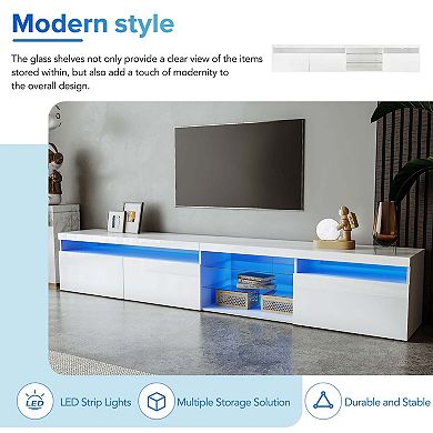 LED Lights TV Stand with 2 Glass Shelves for Living Room
