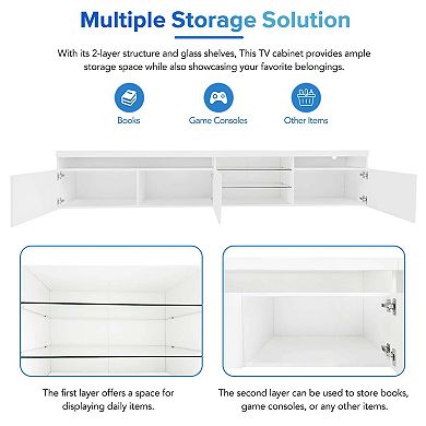 LED Lights TV Stand with 2 Glass Shelves for Living Room