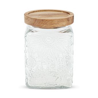 25.36oz Durable Sunflower Pattern Decorative Glass Jar with Lid Clear Wood Color 1 pc