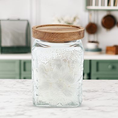 25.36oz Durable Sunflower Pattern Decorative Glass Jar with Lid Clear Wood Color 1 Pc