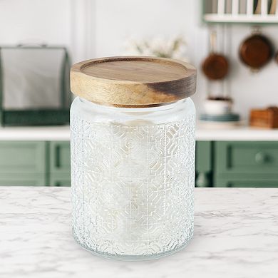23.67oz Window Paper Pattern Decorative Glass Jar with Lid Clear Wood Color 1 Pc