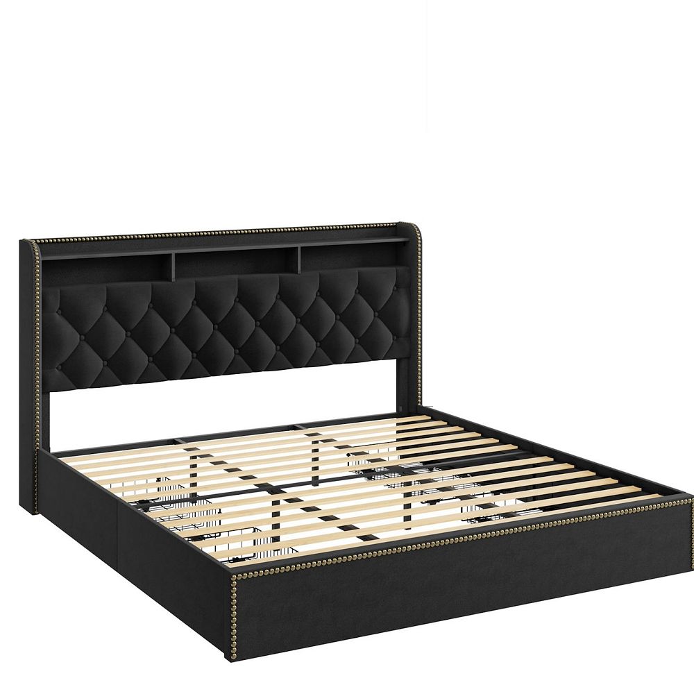 Black Velvet Upholstered Platform Bed Frame - 2-Tier Storage Headboard ...
