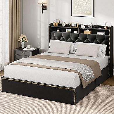 Black Velvet Upholstered Platform Bed Frame - 2-Tier Storage Headboard, 4 Drawers & Nailhead Trim