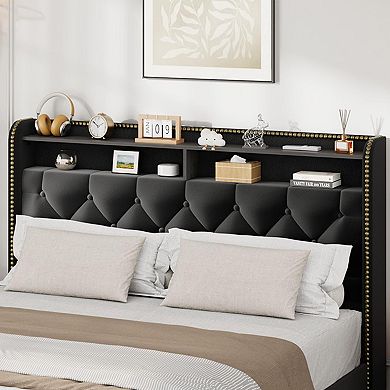Black Velvet Upholstered Platform Bed Frame - 2-Tier Storage Headboard, 4 Drawers & Nailhead Trim