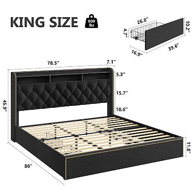 Black Velvet Upholstered Platform Bed Frame - 2-Tier Storage Headboard, 4 Drawers & Nailhead Trim