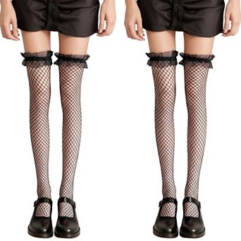 2 pc Women's Fishnet Thigh High Stockings with Ruffled Lace Top Detail and Soft Stretch Fit
