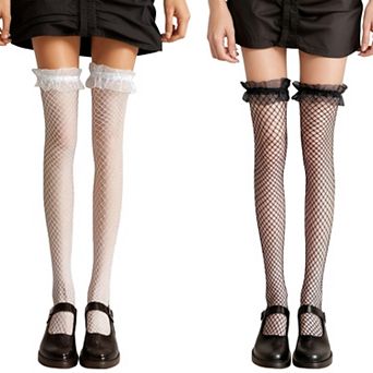 2 pc Women's Fishnet Thigh High Stockings with Ruffled Lace Top Detail and Soft Stretch Fit
